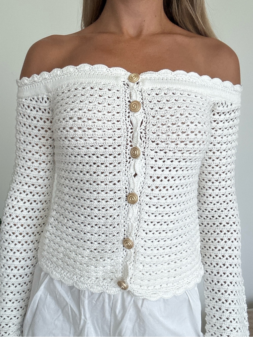 Majorelle Off-Shoulder White Crochet Button-Front Sweater - Picture 2 of 4